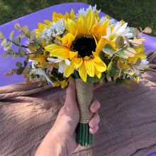 Load image into Gallery viewer, Sunflower, daisy, babies breath and fall eucalyptus bridal bouquet