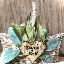 Load image into Gallery viewer, Classic white and green flower girl basket personalized - Custom flower girl basket with lambs ear greenery