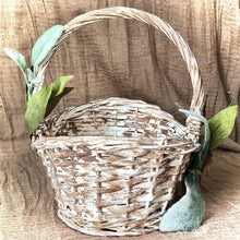 Load image into Gallery viewer, Classic white and green flower girl basket personalized - Custom flower girl basket with lambs ear greenery