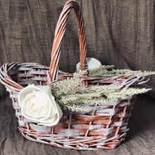 Load image into Gallery viewer, Terracotta burnt orange flower girl basket - Boho flower girl basket with sola wood flowers and pampas grass