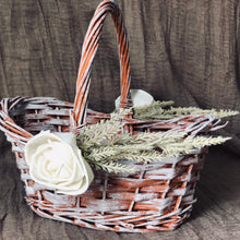 Load image into Gallery viewer, Terracotta burnt orange flower girl basket - Boho flower girl basket with sola wood flowers and pampas grass