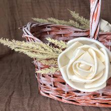 Load image into Gallery viewer, Terracotta burnt orange flower girl basket - Boho flower girl basket with sola wood flowers and pampas grass