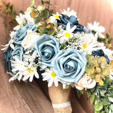 Load image into Gallery viewer, Simple dusty blue cascading bridal bouquet- White dusty slate blue and navy wedding bouquet - Quick to ship bridal bouquet blue