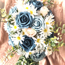 Load image into Gallery viewer, Simple dusty blue cascading bridal bouquet- White dusty slate blue and navy wedding bouquet - Quick to ship bridal bouquet blue