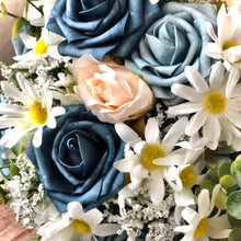 Load image into Gallery viewer, Simple dusty blue cascading bridal bouquet- White dusty slate blue and navy wedding bouquet - Quick to ship bridal bouquet blue