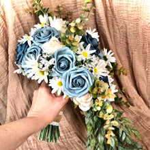 Load image into Gallery viewer, Cascading dusty blue bridal bouquet with daises babies breath navy and cream roses