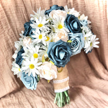 Load image into Gallery viewer, Cascading dusty blue bridal bouquet with daises babies breath navy and cream roses