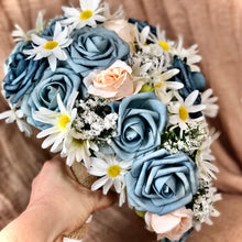 Load image into Gallery viewer, Simple dusty blue cascading bridal bouquet- White dusty slate blue and navy wedding bouquet - Quick to ship bridal bouquet blue