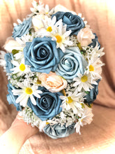 Load image into Gallery viewer, Cascading dusty blue bridal bouquet with daises babies breath navy and cream roses