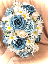 Load image into Gallery viewer, Simple dusty blue cascading bridal bouquet- White dusty slate blue and navy wedding bouquet - Quick to ship bridal bouquet blue
