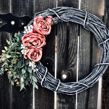 Load image into Gallery viewer, Dark gray grapevine wreath with pink roses, eucalyptus and babies breath spring wreath for front door for screen door