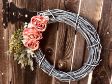 Load image into Gallery viewer, Dark gray grapevine wreath with pink roses, eucalyptus and babies breath spring wreath for front door for screen door