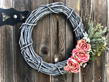 Load image into Gallery viewer, Dark gray grapevine wreath with pink roses, eucalyptus and babies breath spring wreath for front door for screen door