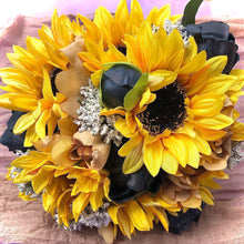 Load image into Gallery viewer, Navy wedding bouquet with sunflowers and taupe peonies