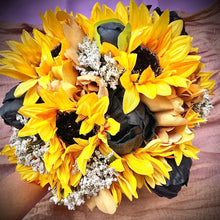 Load image into Gallery viewer, Navy wedding bouquet with sunflowers and taupe peonies