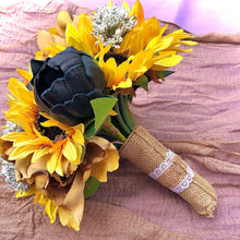 Load image into Gallery viewer, Navy wedding bouquet with sunflowers and taupe peonies