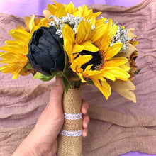 Load image into Gallery viewer, Navy wedding bouquet with sunflowers and taupe peonies