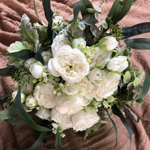 Load image into Gallery viewer, White peony boutonniere, White flowers with greenery boutonnieres, Classic wedding boutonnieres