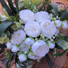 Load image into Gallery viewer, White peony boutonniere, White flowers with greenery boutonnieres, Classic wedding boutonnieres