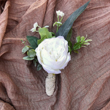Load image into Gallery viewer, White peony boutonniere, White flowers with greenery boutonnieres, Classic wedding boutonnieres