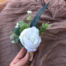 Load image into Gallery viewer, White peony boutonniere, White flowers with greenery boutonnieres, Classic wedding boutonnieres