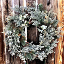 Load image into Gallery viewer, Glittered cedar Christmas wreath, Winter wedding decor, Winter wreath Cedar and pine wreath for front door, Winter door wreath pinecones
