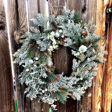 Load image into Gallery viewer, Glittered cedar Christmas wreath, Winter wedding decor, Winter wreath Cedar and pine wreath for front door, Winter door wreath pinecones