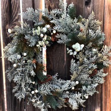 Load image into Gallery viewer, Glittered cedar Christmas wreath, Winter wedding decor, Winter wreath Cedar and pine wreath for front door, Winter door wreath pinecones