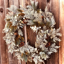 Load image into Gallery viewer, Glittered cedar Christmas wreath, Winter wedding decor, Winter wreath Cedar and pine wreath for front door, Winter door wreath pinecones