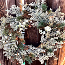 Load image into Gallery viewer, Glittered cedar Christmas wreath, Winter wedding decor, Winter wreath Cedar and pine wreath for front door, Winter door wreath pinecones