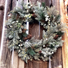 Load image into Gallery viewer, Glittered cedar Christmas wreath, Winter wedding decor, Winter wreath Cedar and pine wreath for front door, Winter door wreath pinecones
