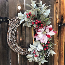 Load image into Gallery viewer, Christmas wreath for front door, Lamb's ear wreath with red berries, large wreath Christmas, Snowy Christmas wreath, Red poinsettia wreath