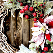Load image into Gallery viewer, Christmas wreath for front door, Lamb's ear wreath with red berries, large wreath Christmas, Snowy Christmas wreath, Red poinsettia wreath
