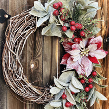Load image into Gallery viewer, Christmas wreath for front door, Lamb's ear wreath with red berries, large wreath Christmas, Snowy Christmas wreath, Red poinsettia wreath