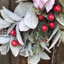 Load image into Gallery viewer, Christmas wreath for front door, Lamb's ear wreath with red berries, large wreath Christmas, Snowy Christmas wreath, Red poinsettia wreath