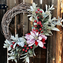 Load image into Gallery viewer, Christmas wreath for front door, Lamb's ear wreath with red berries, large wreath Christmas, Snowy Christmas wreath, Red poinsettia wreath