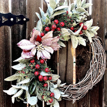 Load image into Gallery viewer, Christmas wreath for front door, Lamb's ear wreath with red berries, large wreath Christmas, Snowy Christmas wreath, Red poinsettia wreath