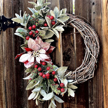 Load image into Gallery viewer, Christmas wreath for front door, Lamb's ear wreath with red berries, large wreath Christmas, Snowy Christmas wreath, Red poinsettia wreath