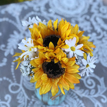Load image into Gallery viewer, Distressed mason jars l Sunflower arrangement in mason jars - Sunflower wedding