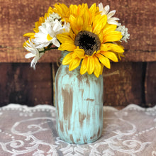 Load image into Gallery viewer, Distressed mason jars l Sunflower arrangement in mason jars - Sunflower wedding