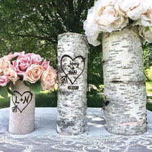 Load image into Gallery viewer, 12, 14 or 15 inch white birch bark personalized vase - Tall rustic wedding centerpiece- Unique engagement vase- Wood burned engraved heart and initials