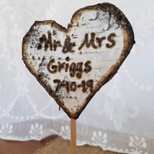 Load image into Gallery viewer, Birch bark personalized wedding cake topper- Rustic wedding bark cake topper