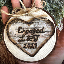 Load image into Gallery viewer, Birch bark personalized engagement christmas ornament l Unique engraved engagement gifts for couple l Rustic engaged gifts for bride