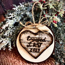 Load image into Gallery viewer, Birch bark personalized engagement christmas ornament l Unique engraved engagement gifts for couple l Rustic engaged gifts for bride