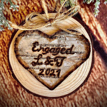 Load image into Gallery viewer, Birch bark personalized engagement christmas ornament l Unique engraved engagement gifts for couple l Rustic engaged gifts for bride