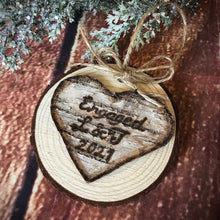 Load image into Gallery viewer, Birch bark personalized engagement christmas ornament l Unique engraved engagement gifts for couple l Rustic engaged gifts for bride