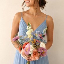 Load image into Gallery viewer, Blue Delphinium and white snapdragon pastel artificial faux bridal bouquet