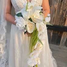 Load image into Gallery viewer, Faux orchid and calla lily cascading bridal bouquet