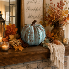 Load image into Gallery viewer, Beaded wood pumpkin fall decor for mantle light blue