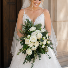 Load image into Gallery viewer, Traditional white rose and peony cascading bridal wedding bouquet
